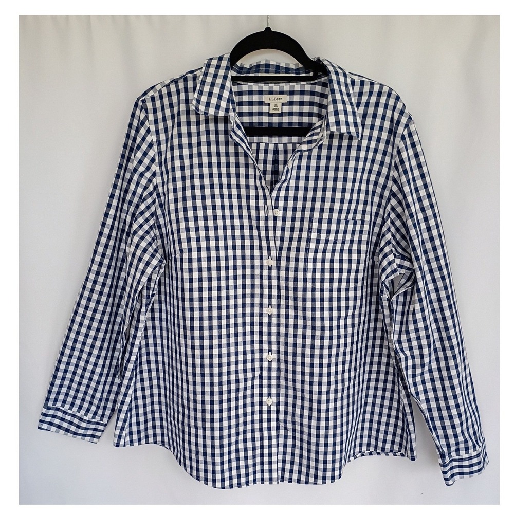 LL Bean Women 1X Wrinkle-Free Shirt Navy White Long-Sleeve Relaxed Fit Plaid